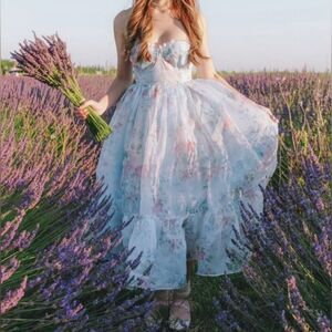 Selkie French Corset Puff Midi Dress Powder Blue Floral Size Medium